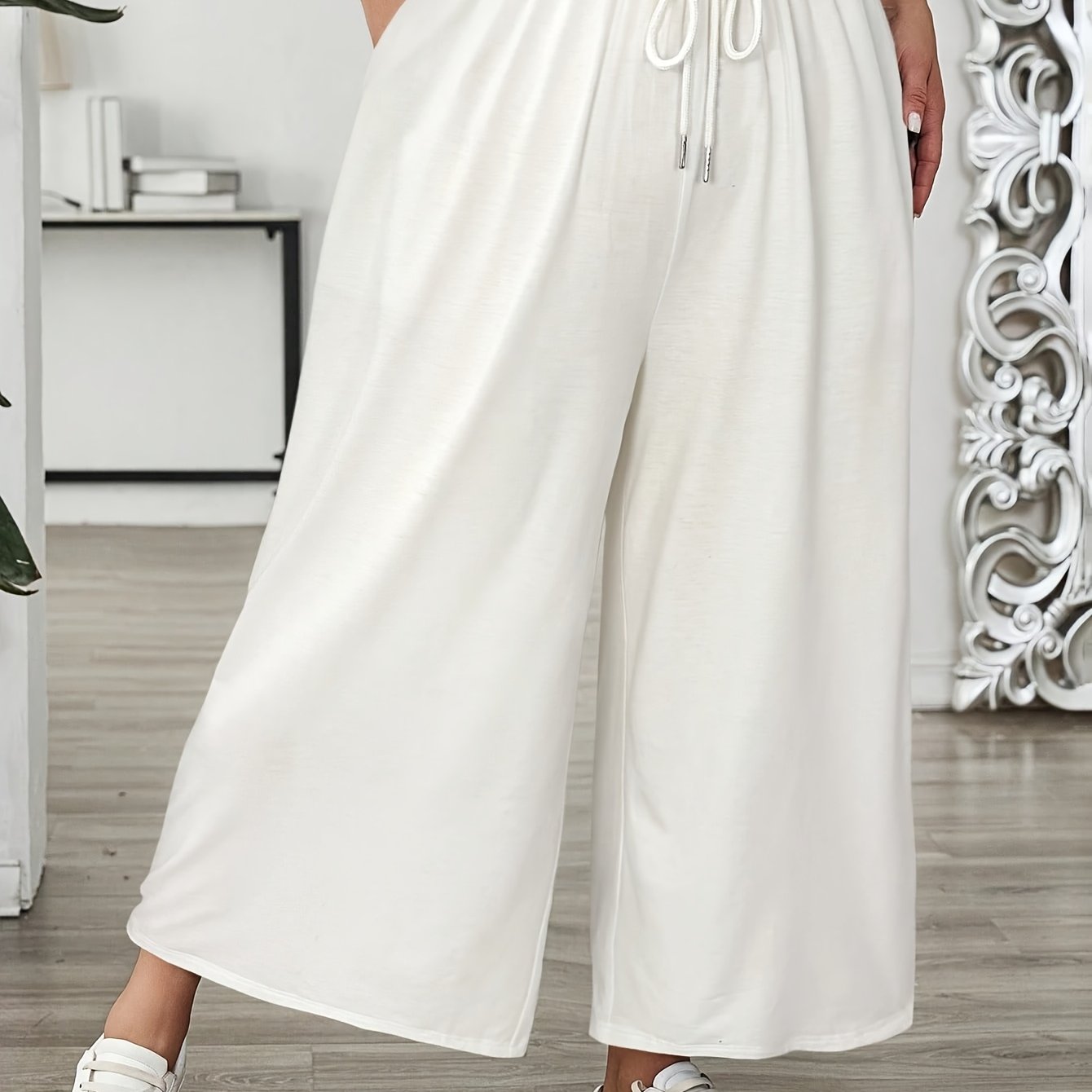 Plus Size Women's Solid Color Elastic Waist Wide Leg Pants Casual Summer