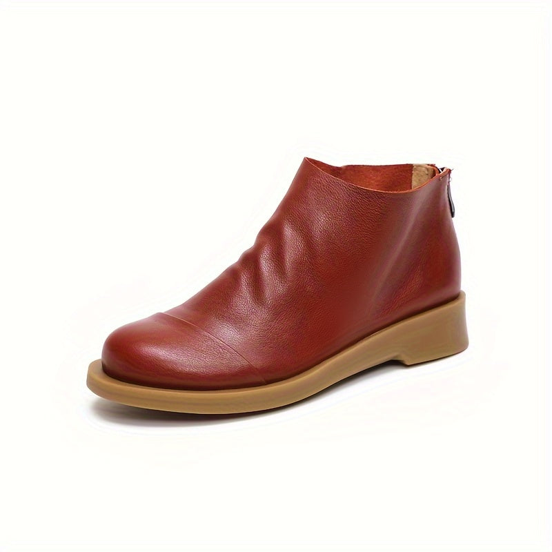 Women's Faux Leather Round Toe Zipper Short Boots with Low Heel and Ankle Support