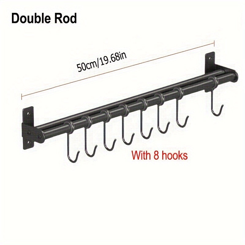 Wall-Mounted Steel Storage Rack with Hooks for Kitchen and Entryway Organizer