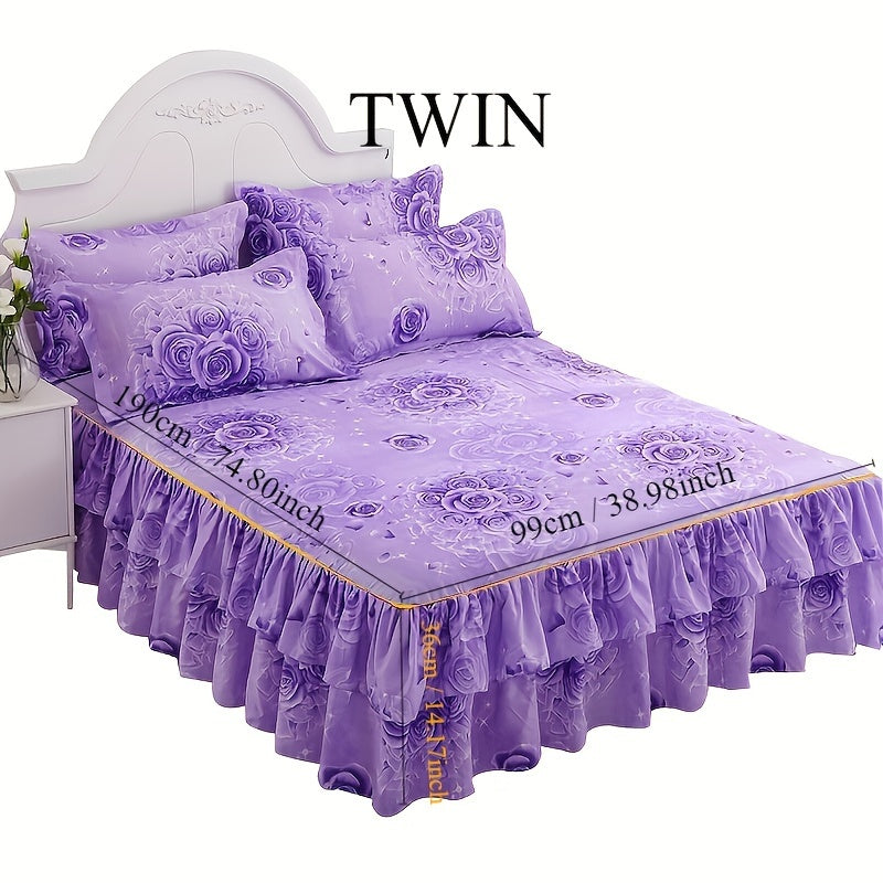 Set of 3 Tropical Floral Bedding Set with Lace Bed Skirt and Pillowcases Ruffled Edges Purple