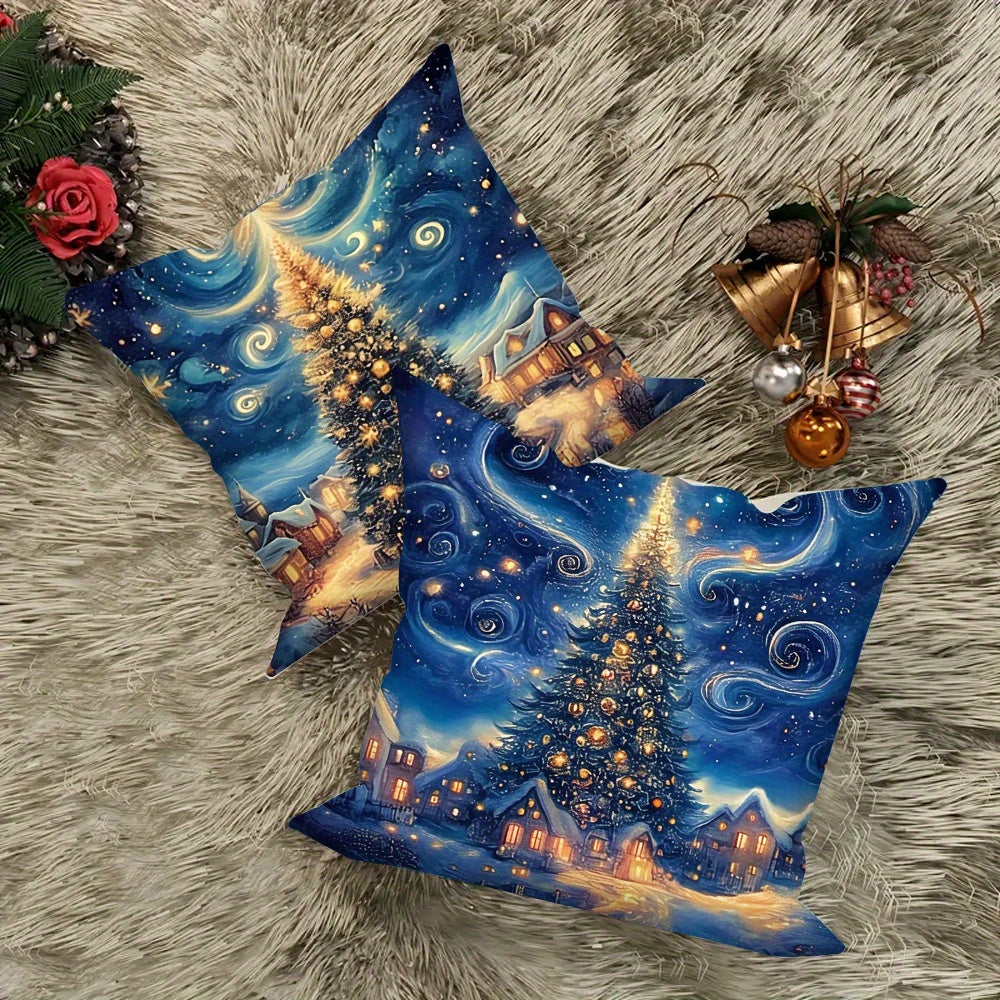 4-Piece Christmas Throw Pillow Cover Set Night Sky Tree Festive Home Decor