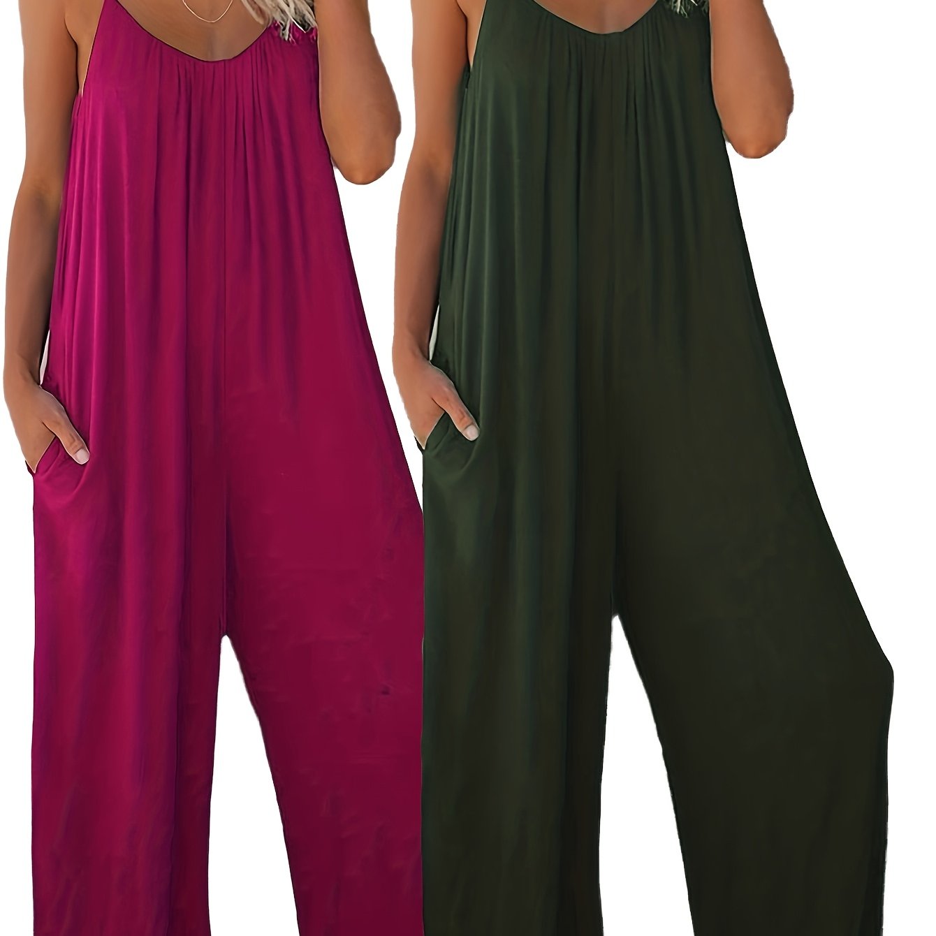 Women's Sleeveless Jumpsuits Organic Cotton Wide-Leg Rompers with Pockets