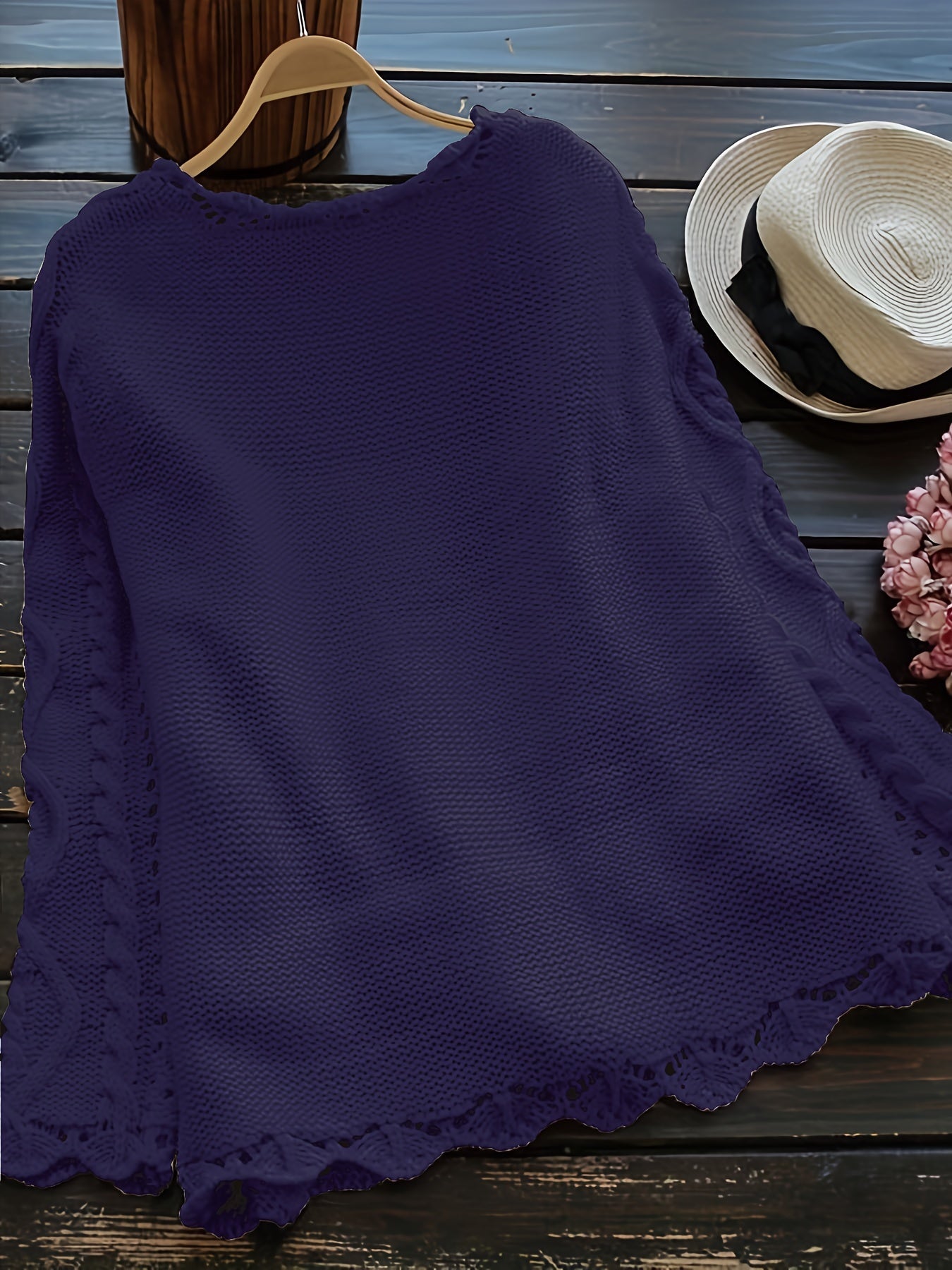 Women's Light Blue Casual Knit Cardigan with Lace Detailing and Round Neck