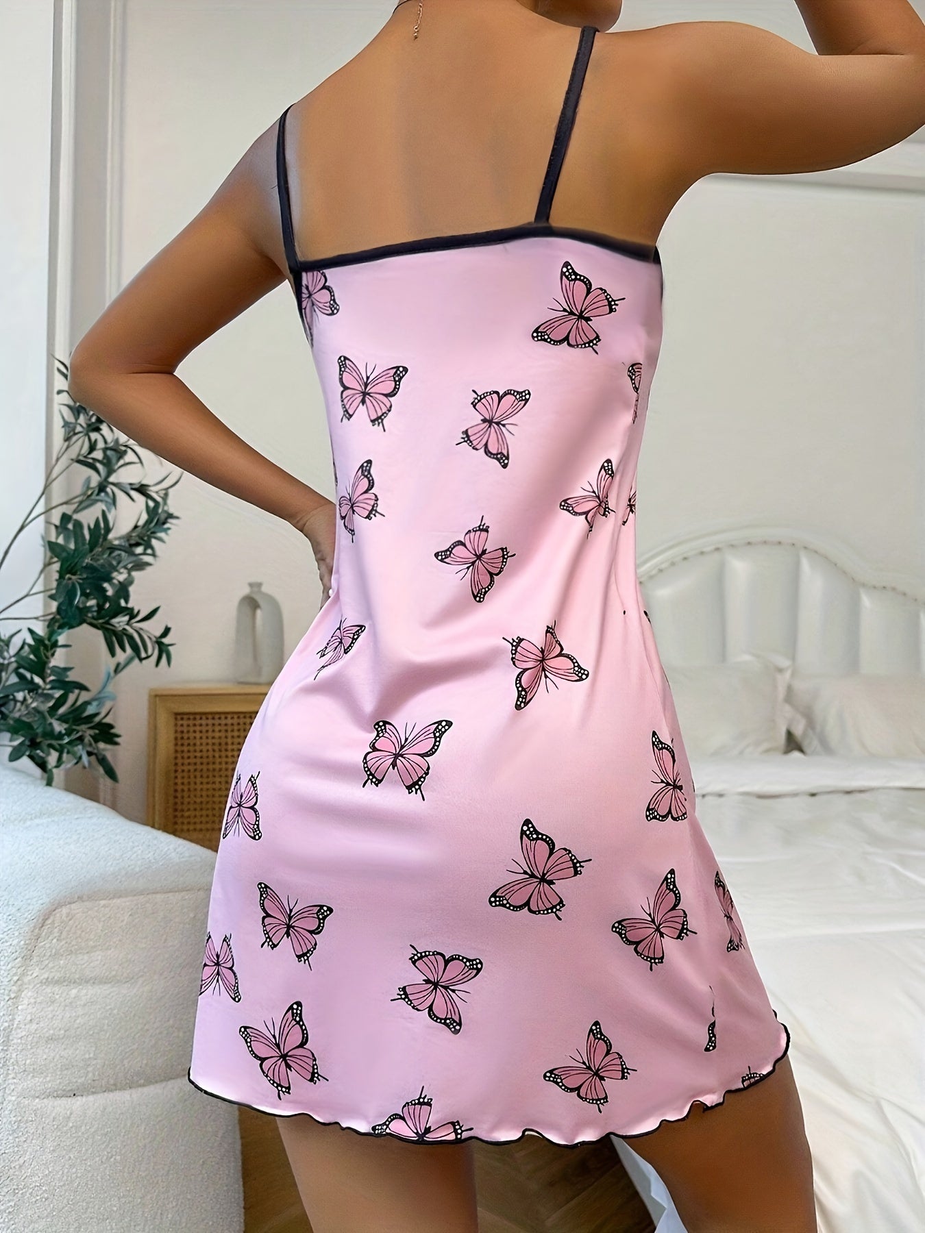 Butterfly Print Nightgown for Women with Round Neck and Backless Frill Trim