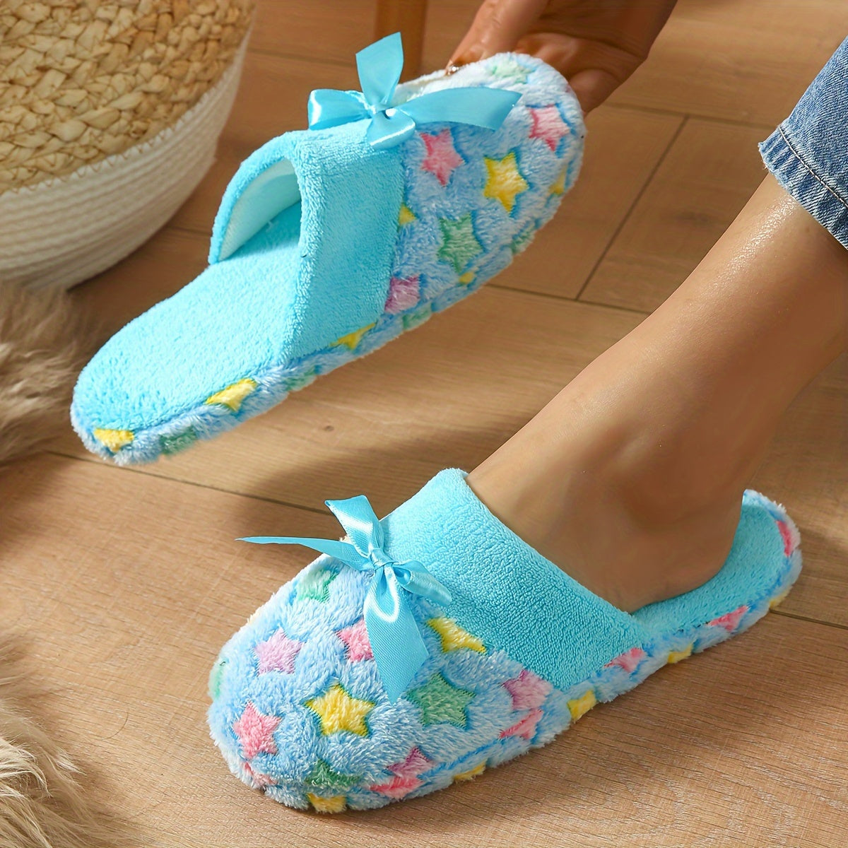 Women's Cozy Slippers with Star Pattern Bow Soft Fabric Indoor House Shoes