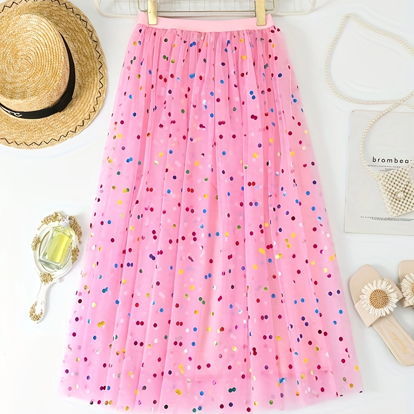 Women's Pleated Knit Skirt with Contrast Mesh Polyester Spring Summer Fall