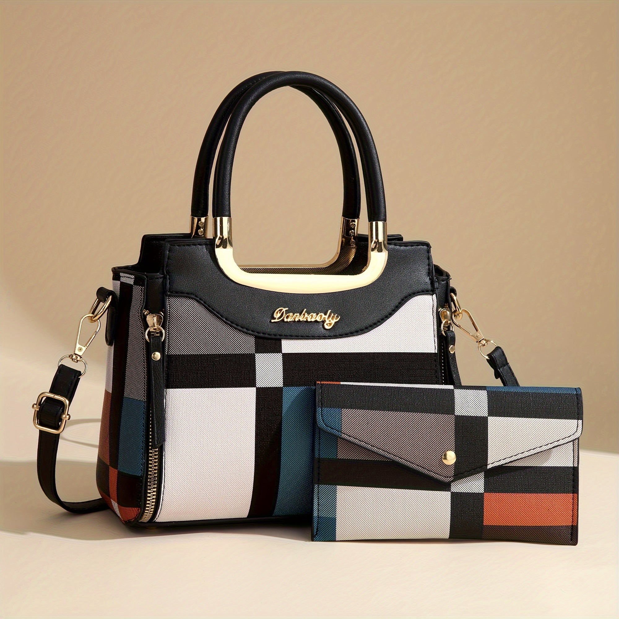 Valentine's Day Tote Bag with Multiple Carrying Options Black Checkered PU Stylish Crossbody Shoulder Bag