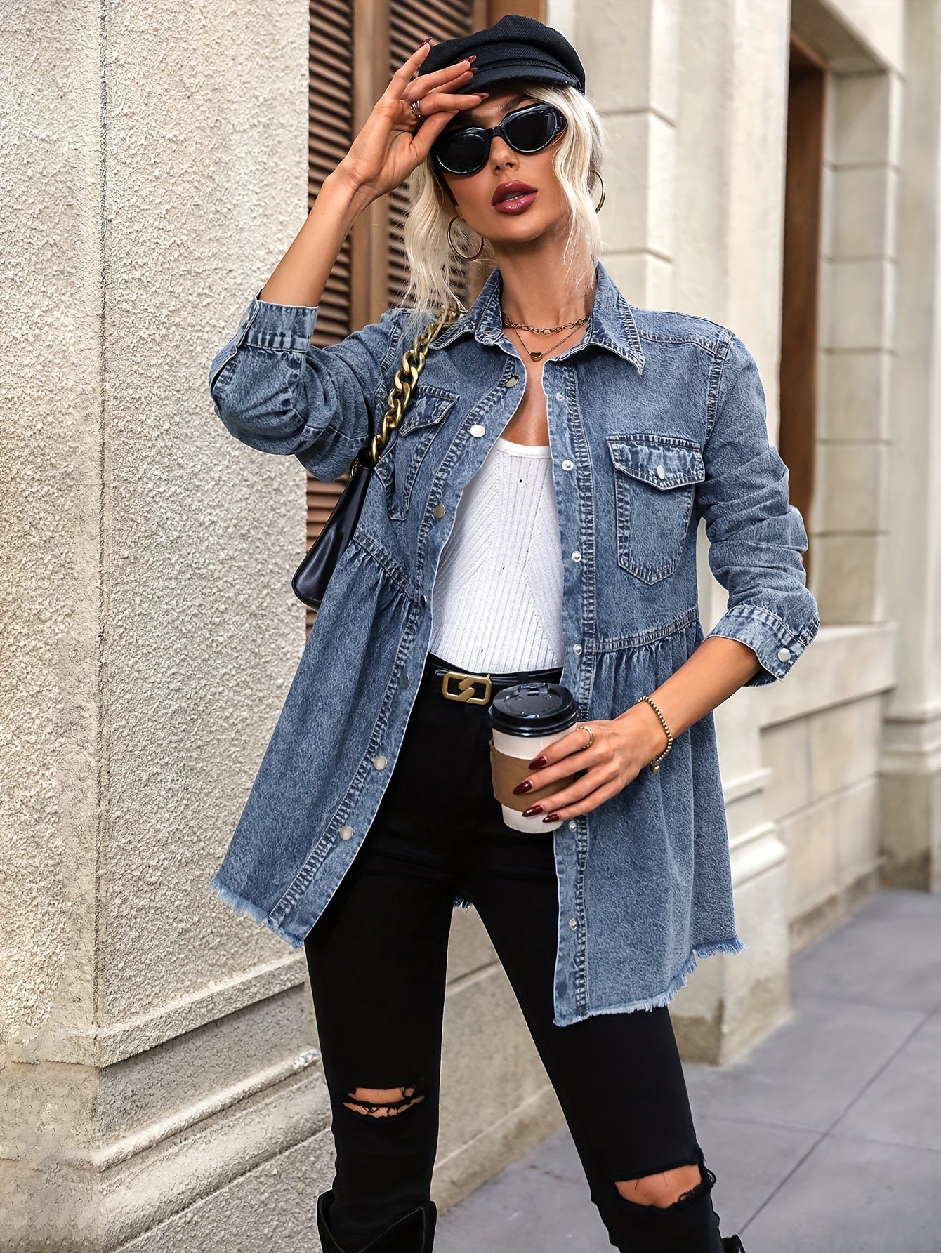 Women's Plus Size Denim Jacket Loose Fit Casual Outerwear Spring Fall Non-Stretch