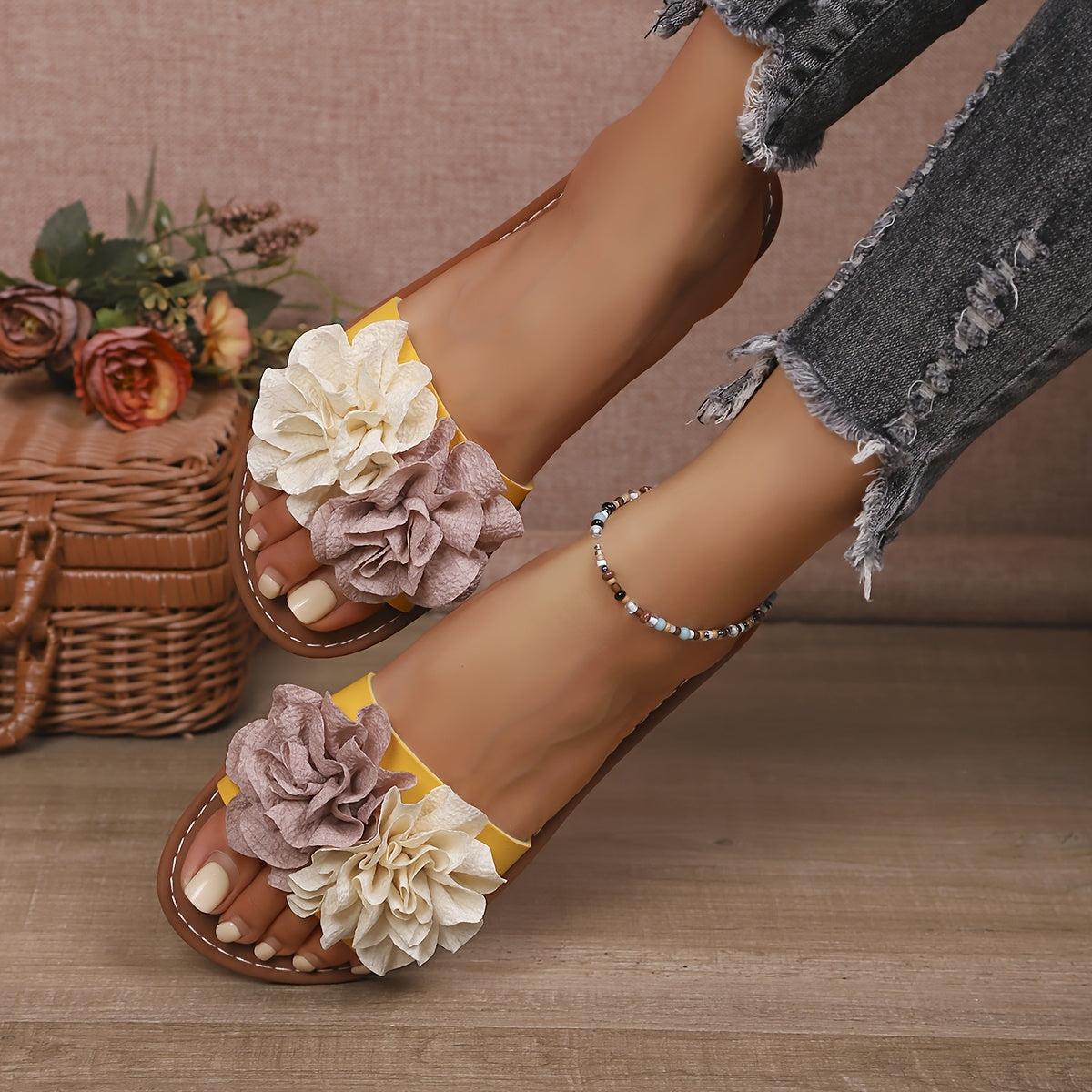 Женские цветочные шлепанцы на плоской подошве с открытым носком, повседневные бежевые и коричневые