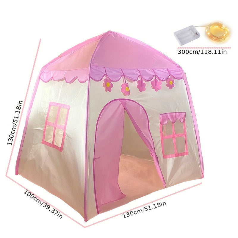 Pink Kids Play Tent Indoor Outdoor with Star Lights and Pink Flower Decorations