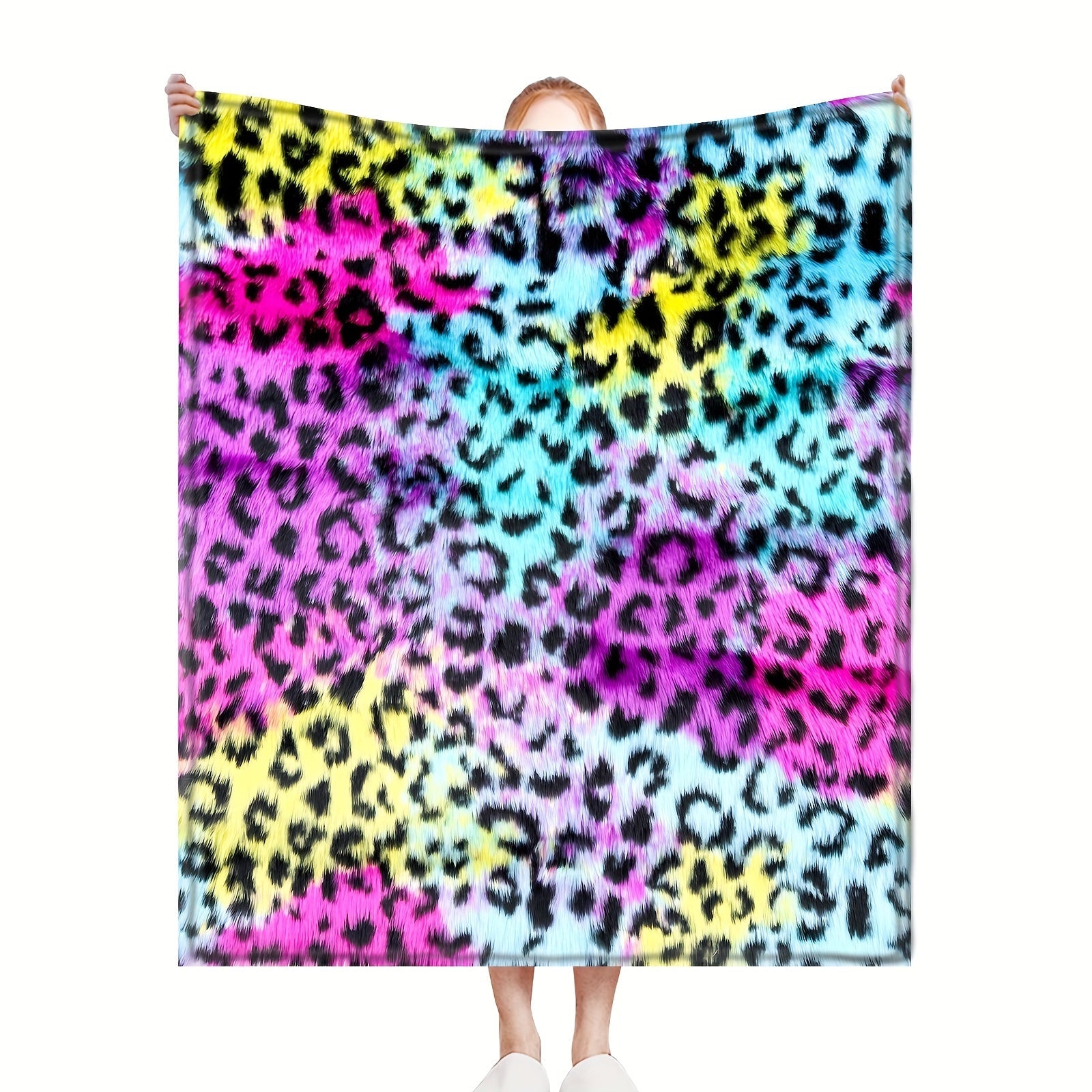 Rang-barang fleece yostiq bilan leopard bosimi va kamalak rangli tie-dye bilan yotoq, divan, kreslo uchun