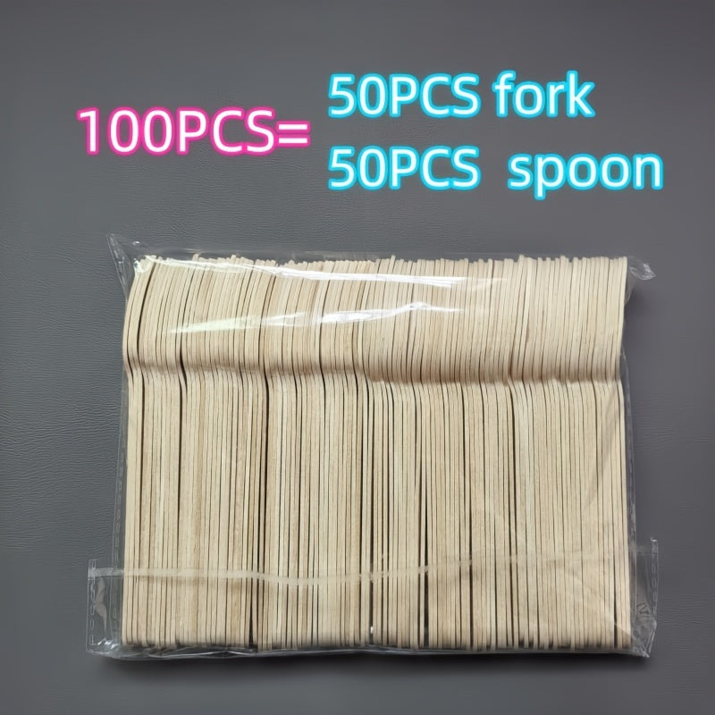 100 Biodegradable yog'och qoshiq va vilkalar, 14cm, bir martalik bayram uchun idishlar