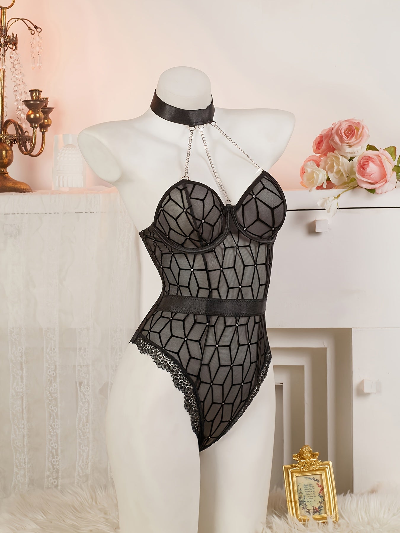 Body de corsé de poliéster a cuadros para mujer con detalle de cadena de metal