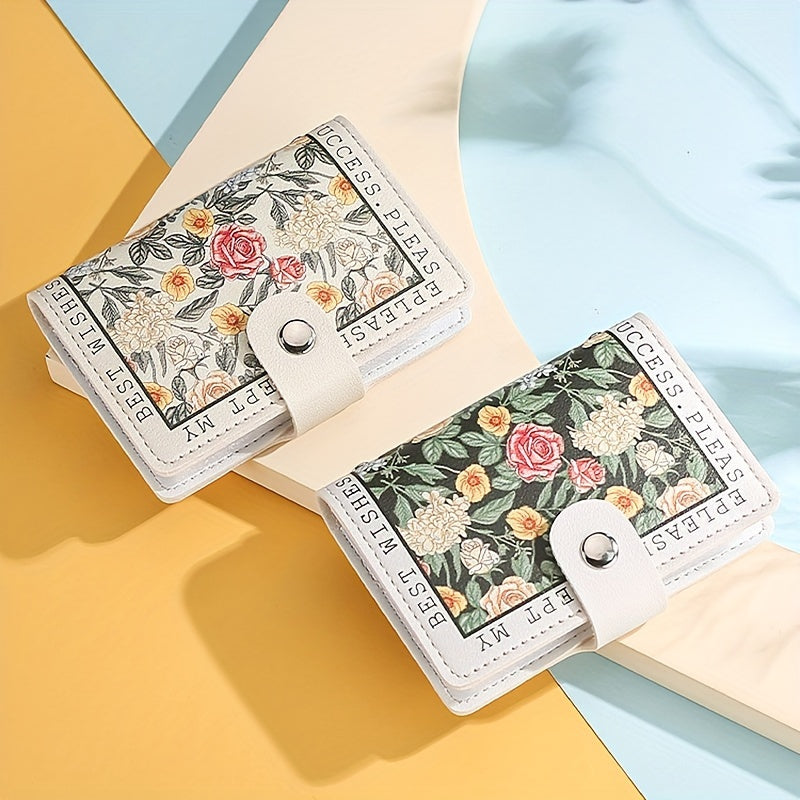 Sintetik charmli ayollar uchun hamyon, bir nechta karta joylari, tugmachali yopilish va yorqin atirgul dizayni bilan.