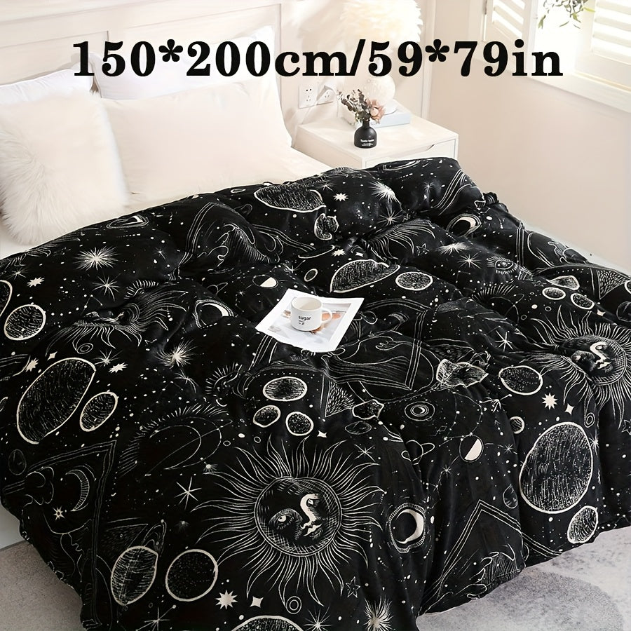 200GSM Flannel Blanket with Sun Moon and Planet Print Soft Warm Lounge Couch Travel Gift