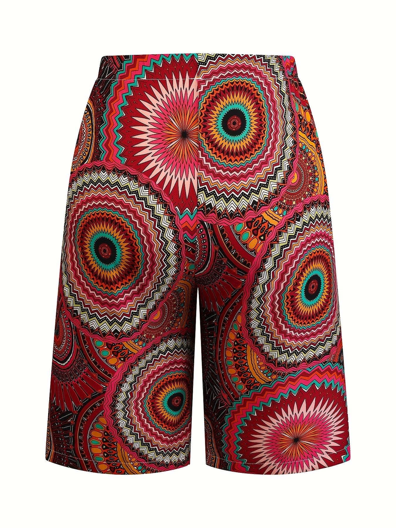 Women's Plus Size Bohemian Print Bermuda Shorts Summer Beachwear Vibrant Red Orange Black