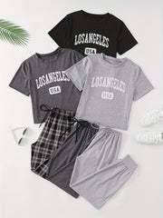 Women's Lounge Set with Letter Print Short Sleeve Top and Drawstring Joggers