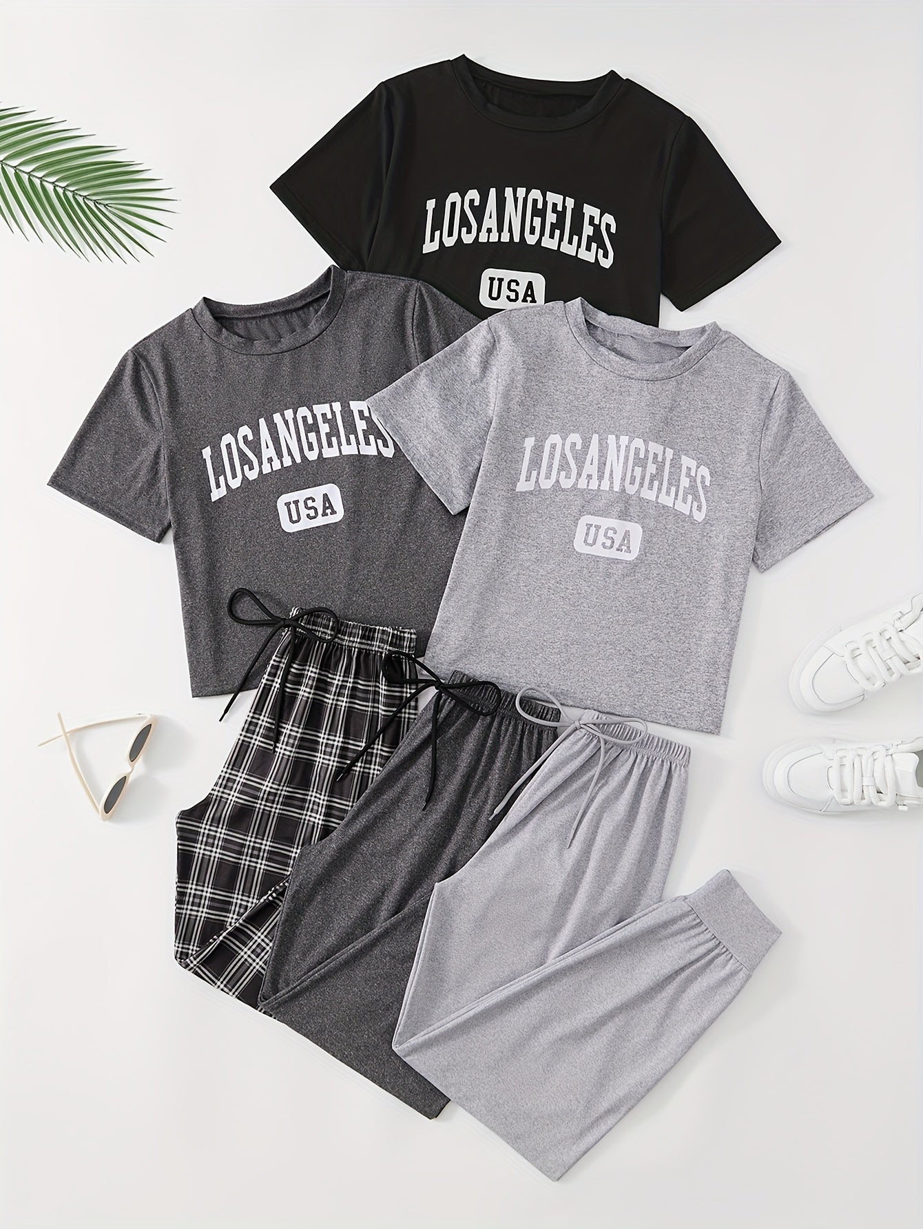 Women's Lounge Set with Letter Print Short Sleeve Top and Drawstring Joggers