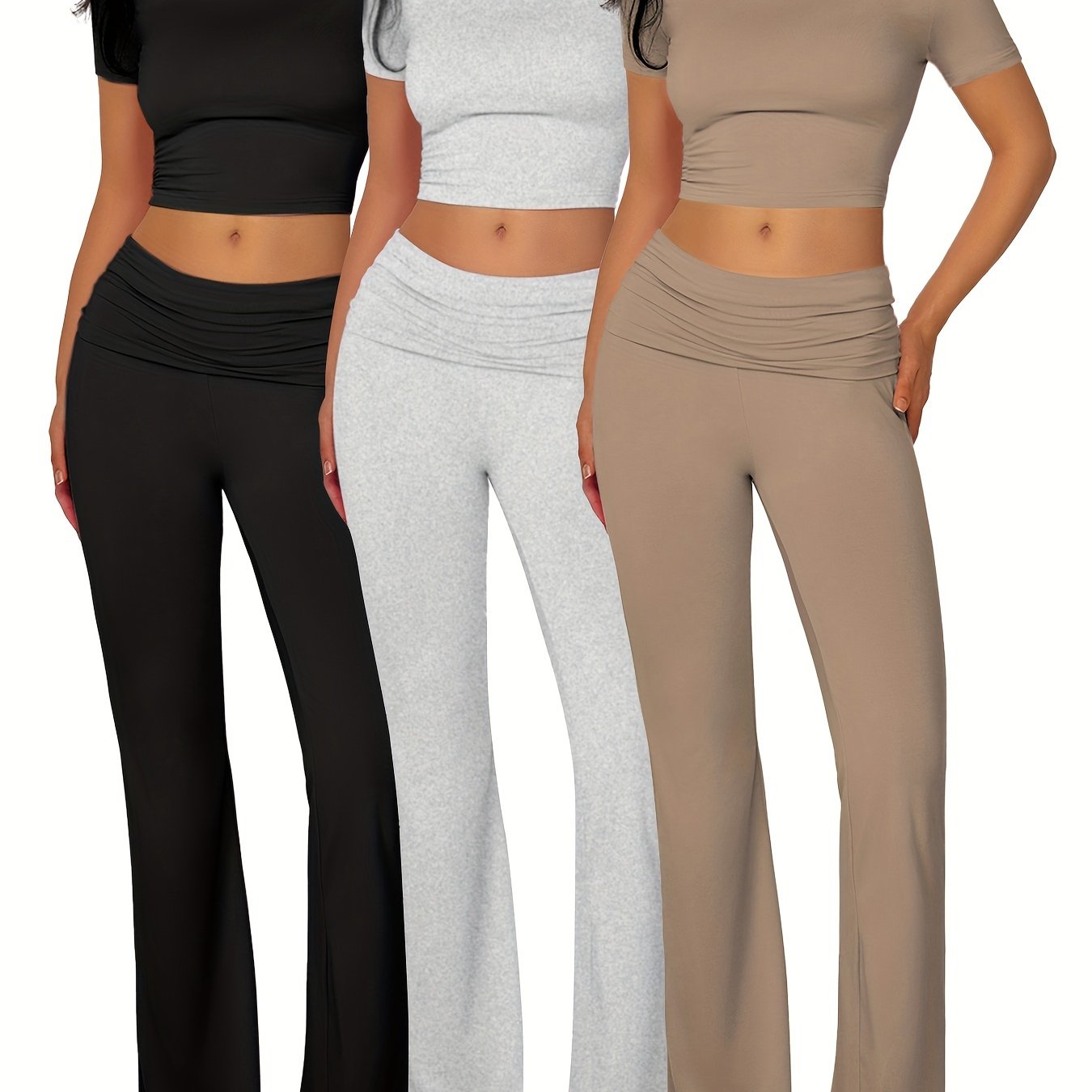 Women's Lounge Set 3-Piece Crop Top Flared Pants Solid Color Knit Modal Comfortable Casual