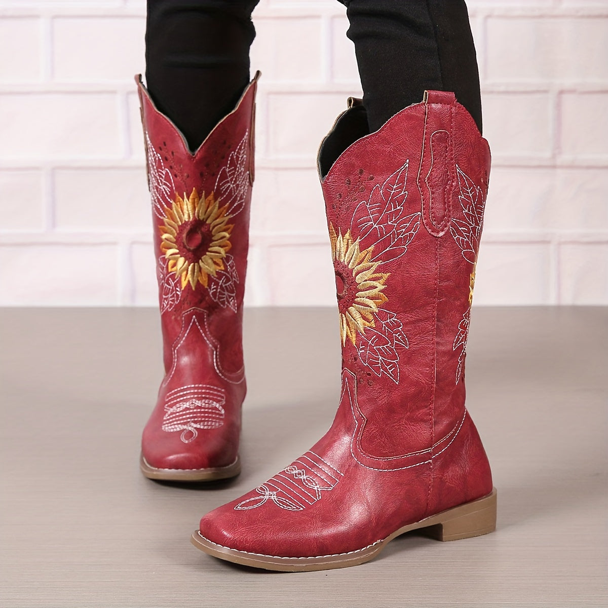 Women's Faux Leather Embroidered Mid Calf Western Boots