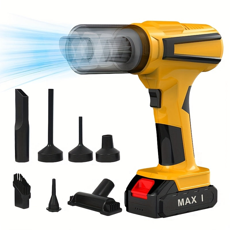 Мощный беспроводной пылесос с несколькими насадками для очистки салонов автомобилей, дома и офиса. Перезаряжаемый через USB, портативный и тихий в работе с длительным временем работы аккумулятора.