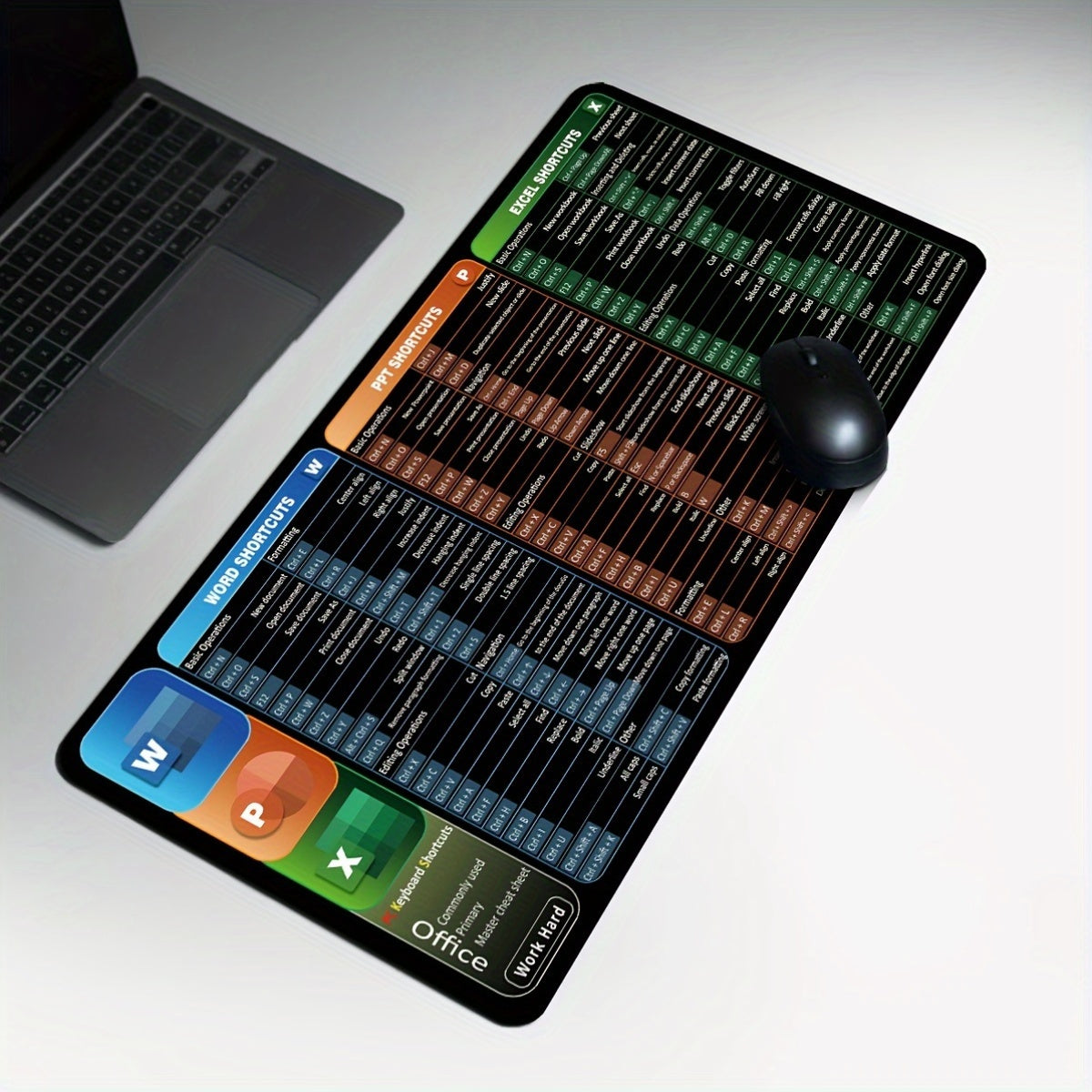 Large Non-Slip Washable Mouse Pad with Printed Shortcuts for Word Excel PowerPoint Gaming