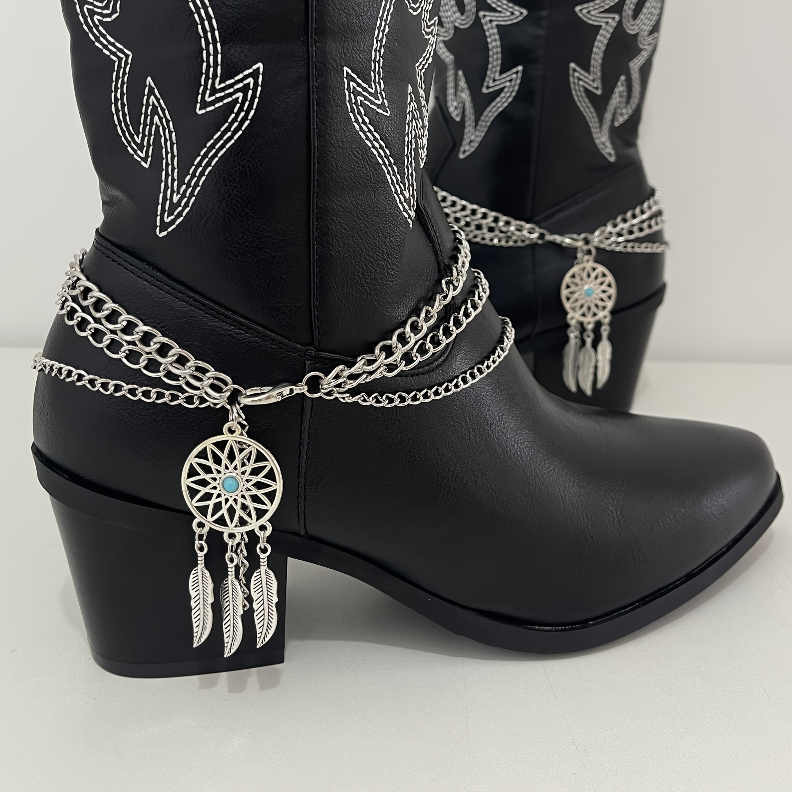 Women's Vintage Iron Boot Chain Jewelry with Tassels and Turquoise Details