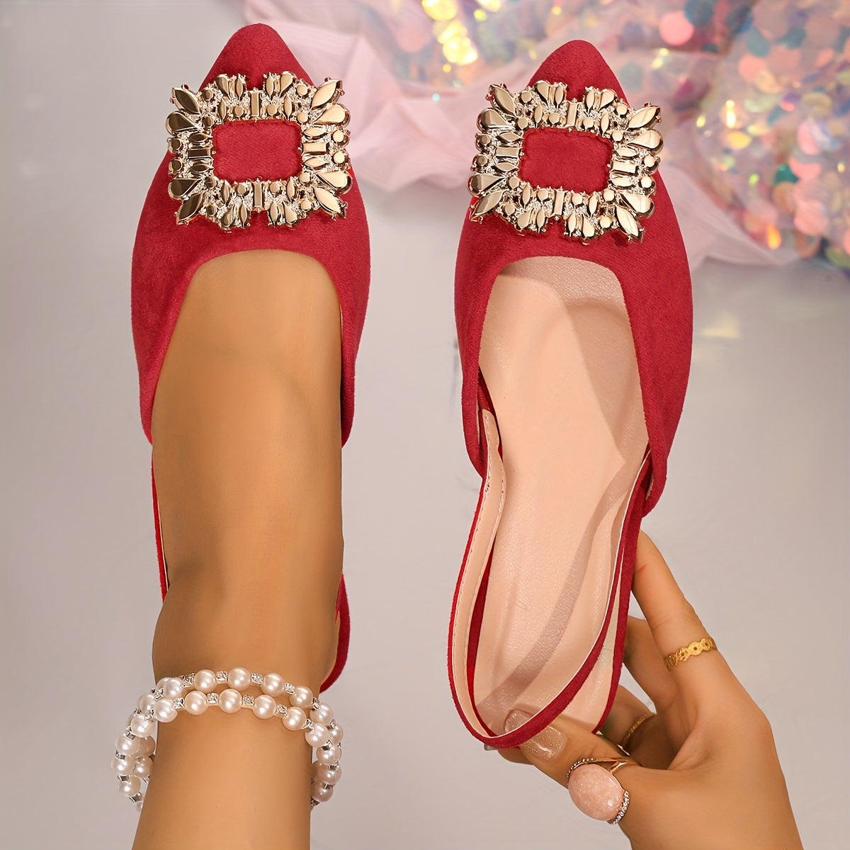 Women's Summer Pointed Toe Flat Shoes Ankle Strap Solid Color Comfortable Rubber Sole