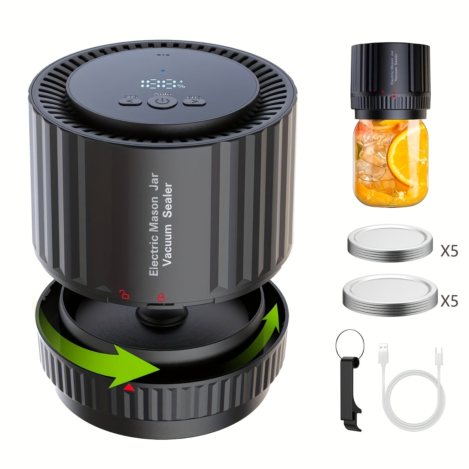 Kit de sellador al vacío con tarro eléctrico y abrelatas, recargable por USB, para almacenamiento de alimentos