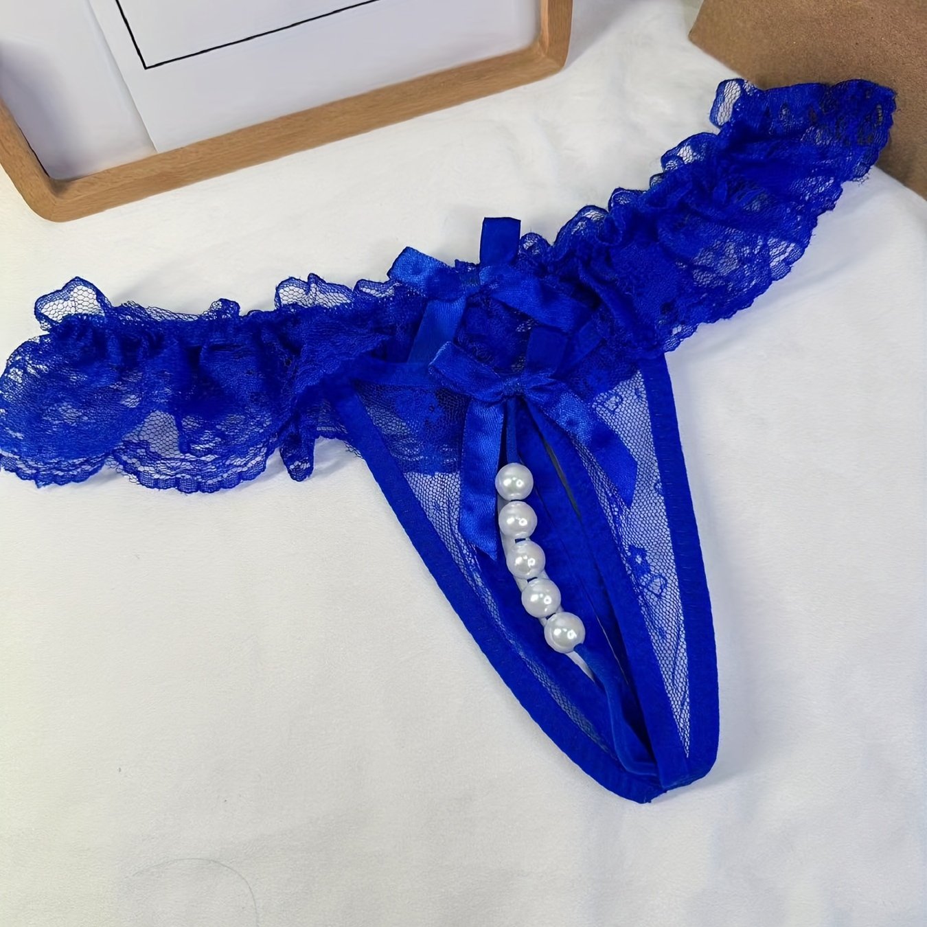 Women's Transparent Lace Crotchless Thong with Pearl Massage Details