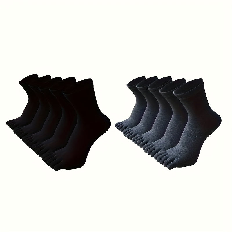 Men's Solid Color Mid-Tube Five-Finger Breathable Cotton Socks 5 or 10 Pairs