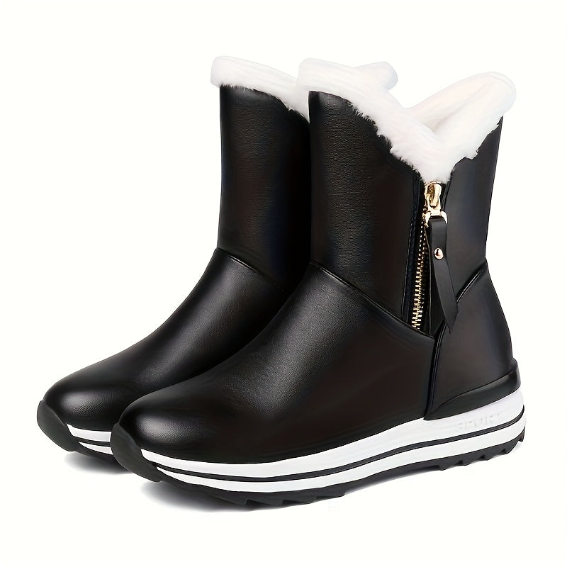 Women's Fleece-Lined Snow Boots Ankle Booties Zipper Solid Color