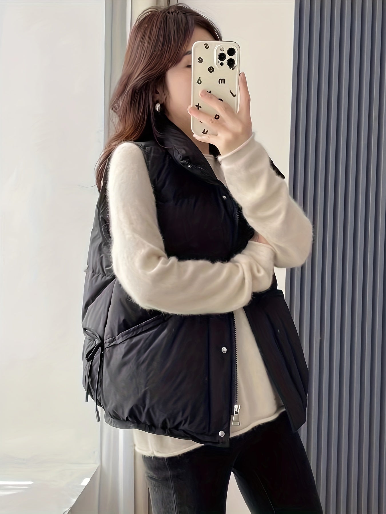 Women's Waterproof Sleeveless Puffer Vest in Solid Cream Polyester for Casual Wear