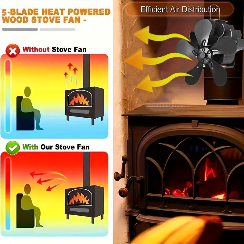 Wood Stove Fan 5 Blades Heat Powered Silent Firewood Gas Heating Accessory