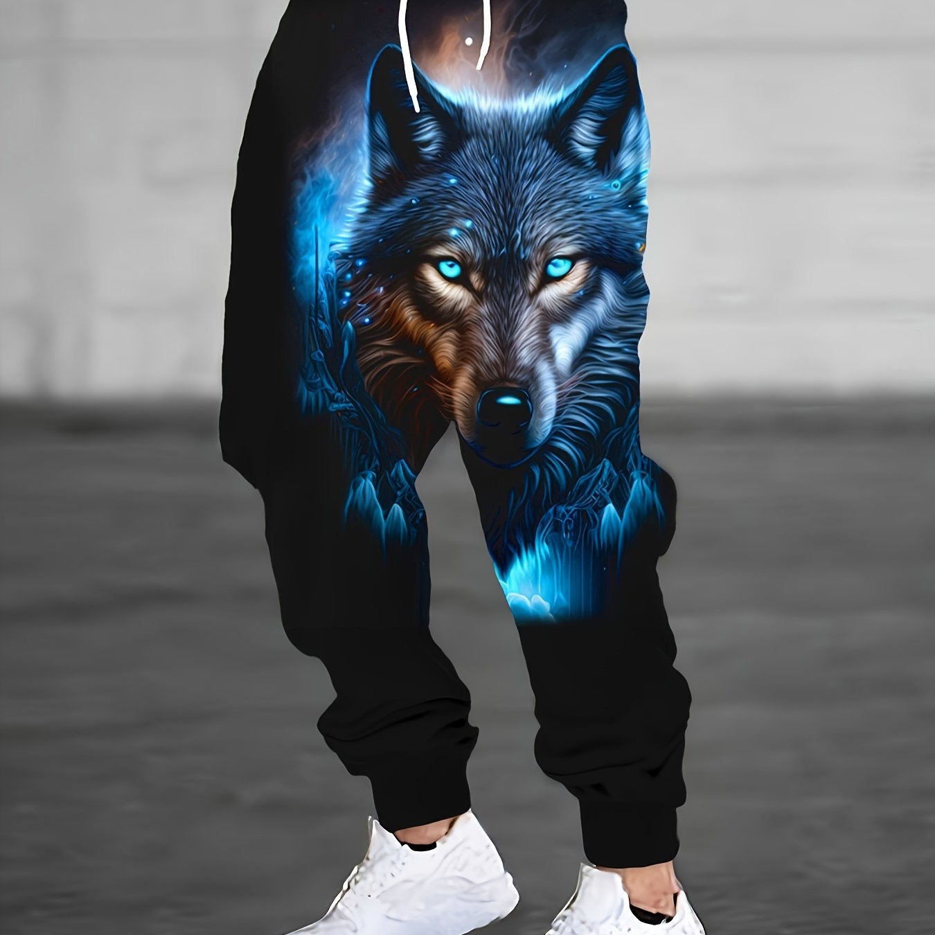 Men's Plus Size Wolf Print Athletic Pants with Drawstring Waist Pockets Polyester