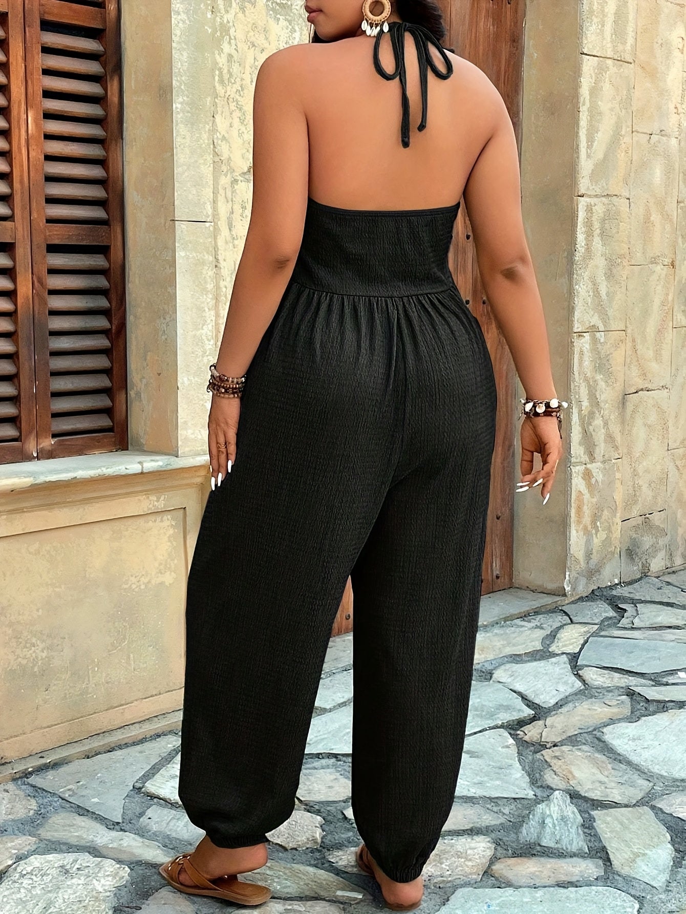 Women's Plus Size V-Neck Jumpsuit with Pockets Elastic Waist Wide Legs