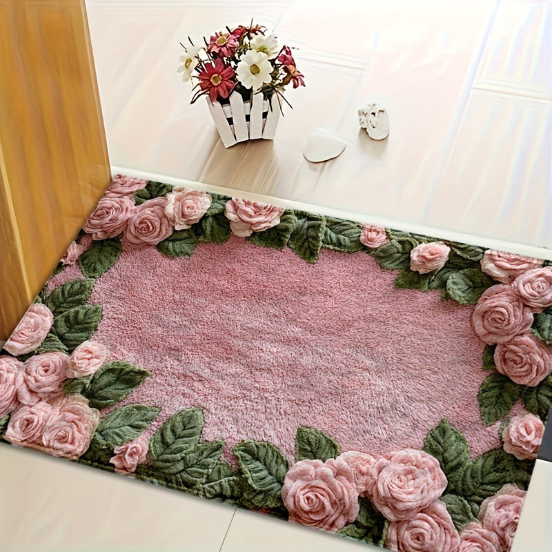 Pink Rose Non-Slip Bath Mat with TPR Backing, Machine Washable, Indoor Outdoor Use
