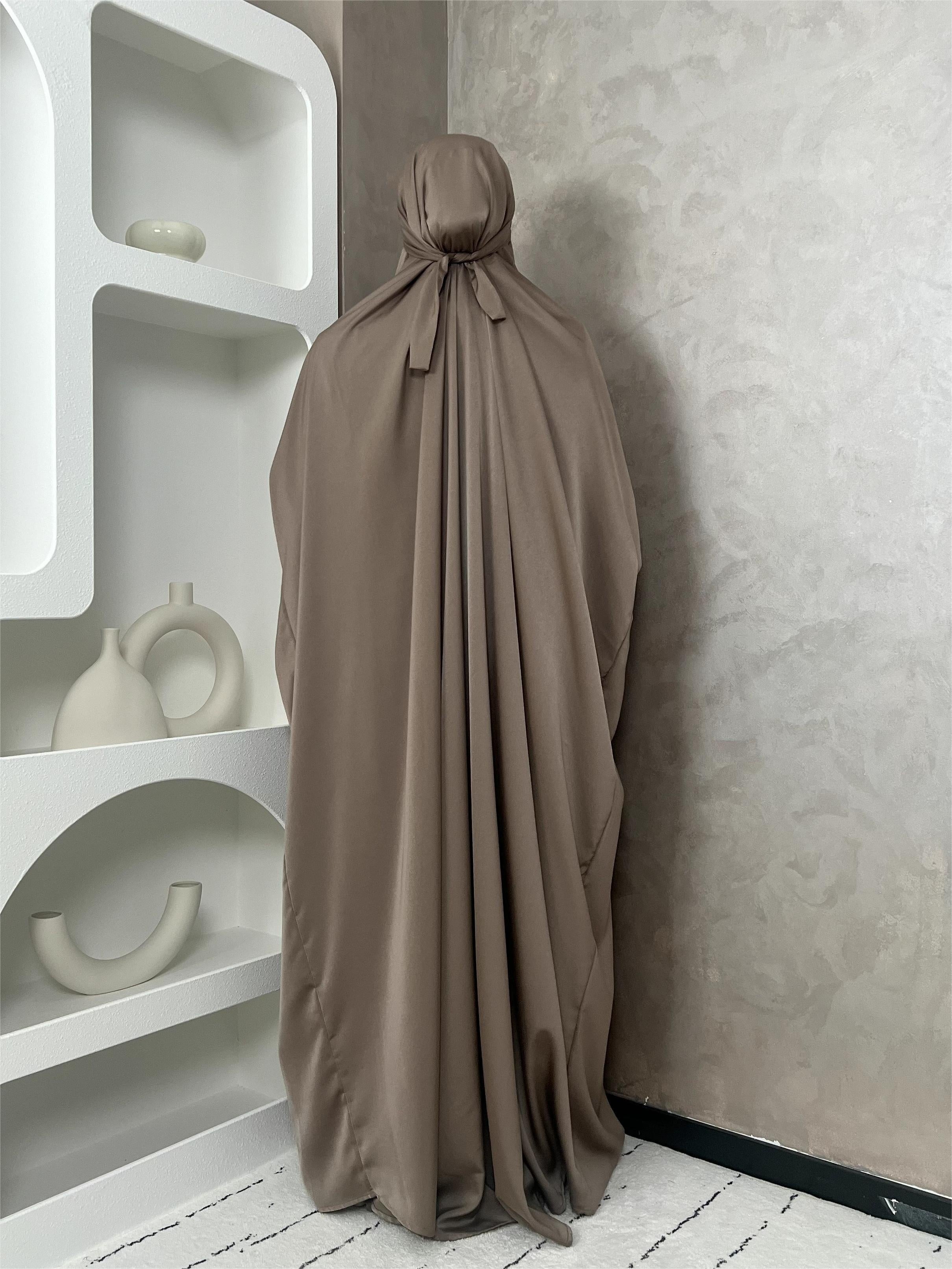 Modesty Dress with Attached Niqab Satin Abaya Set Long Sleeve Solid Color All Sizes