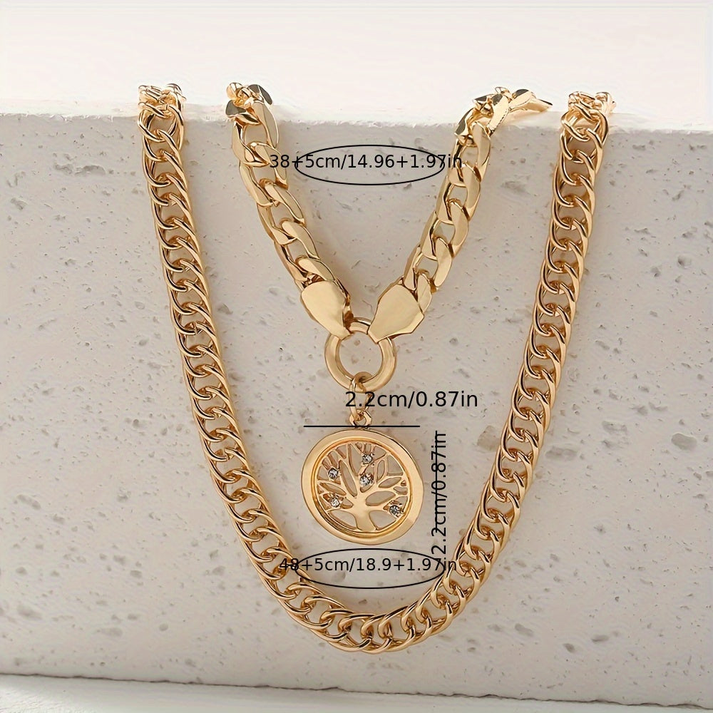 Set of 2 Layered Necklaces with Tree of Life Pendant and Cuban Link Chain