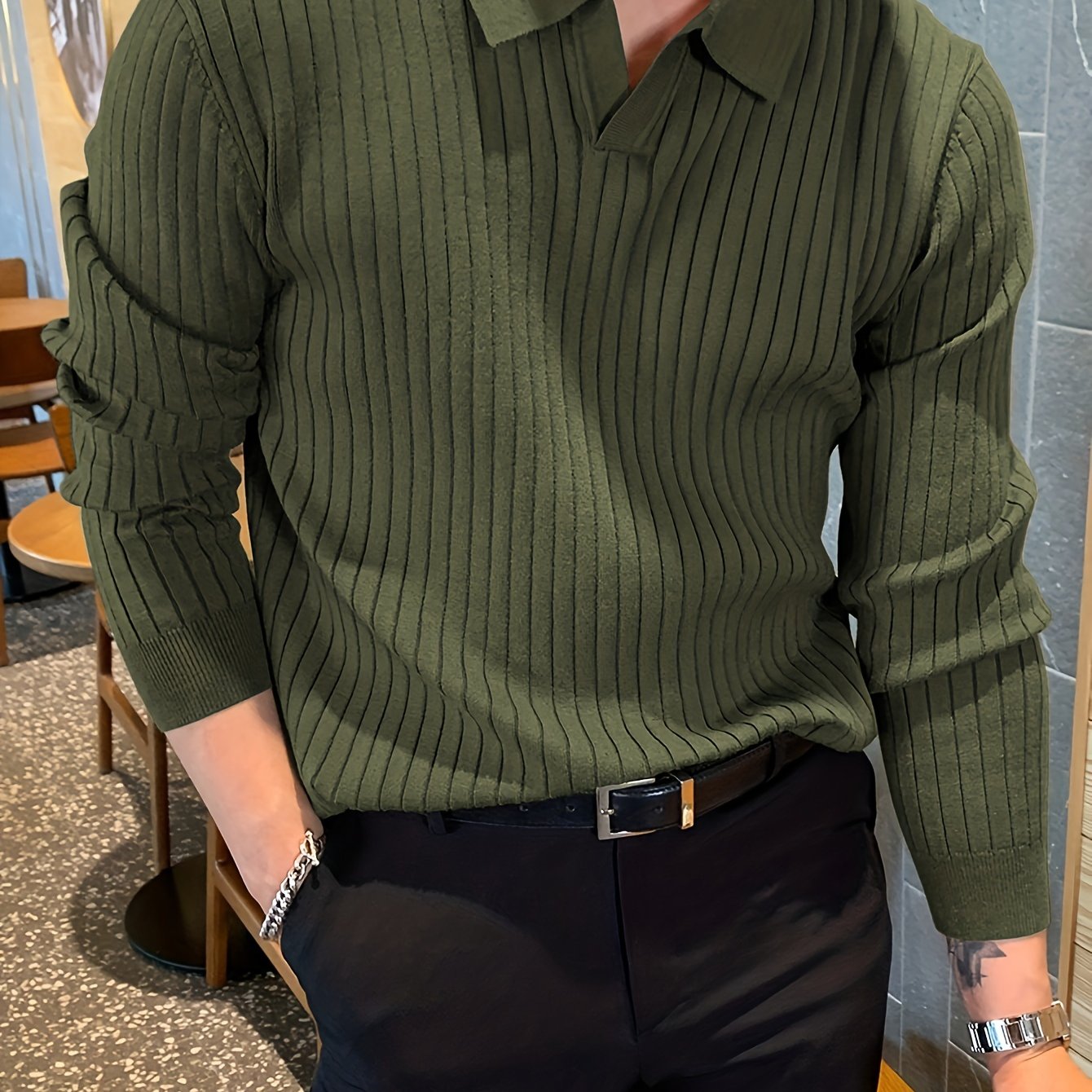 Men's V-Neck Sweater for Autumn and Winter Knit Fabric Solid Color Casual