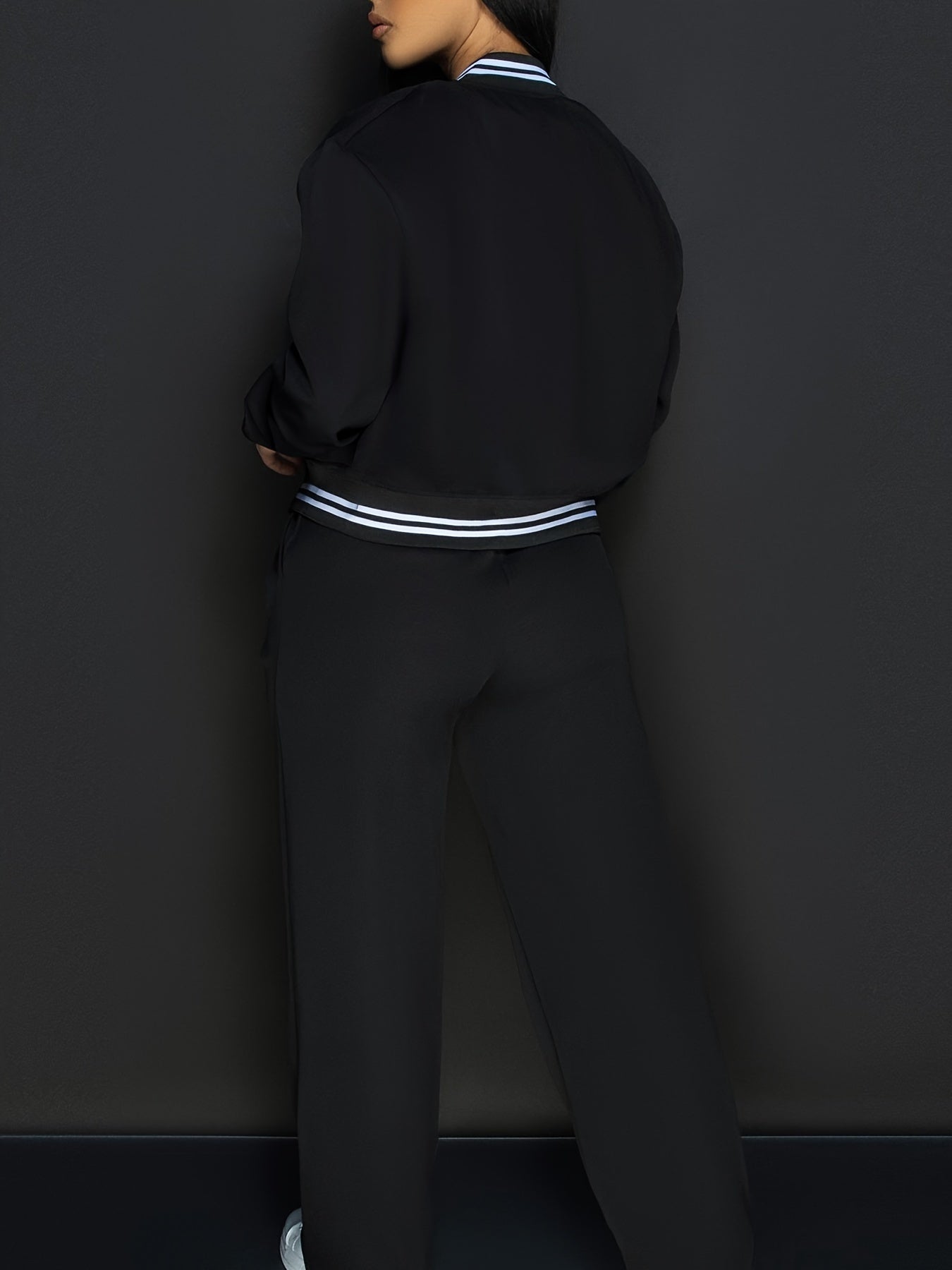 Conjunto de dos piezas para mujer, top corto y chaqueta bomber, pantalones rectos con bolsillos, poliéster elastano, vacaciones, primavera y otoño