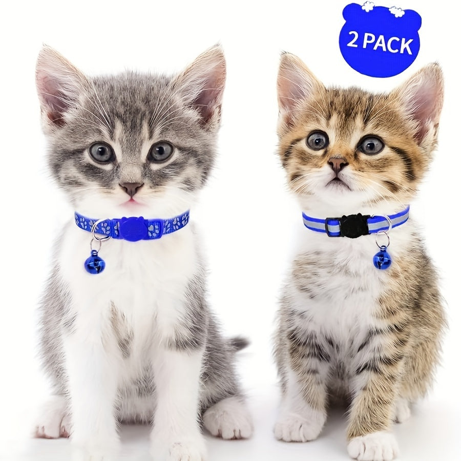 Reflective Cat Collars for Kittens with Footprints Bells Breakaway Design Polyester 2 Pack