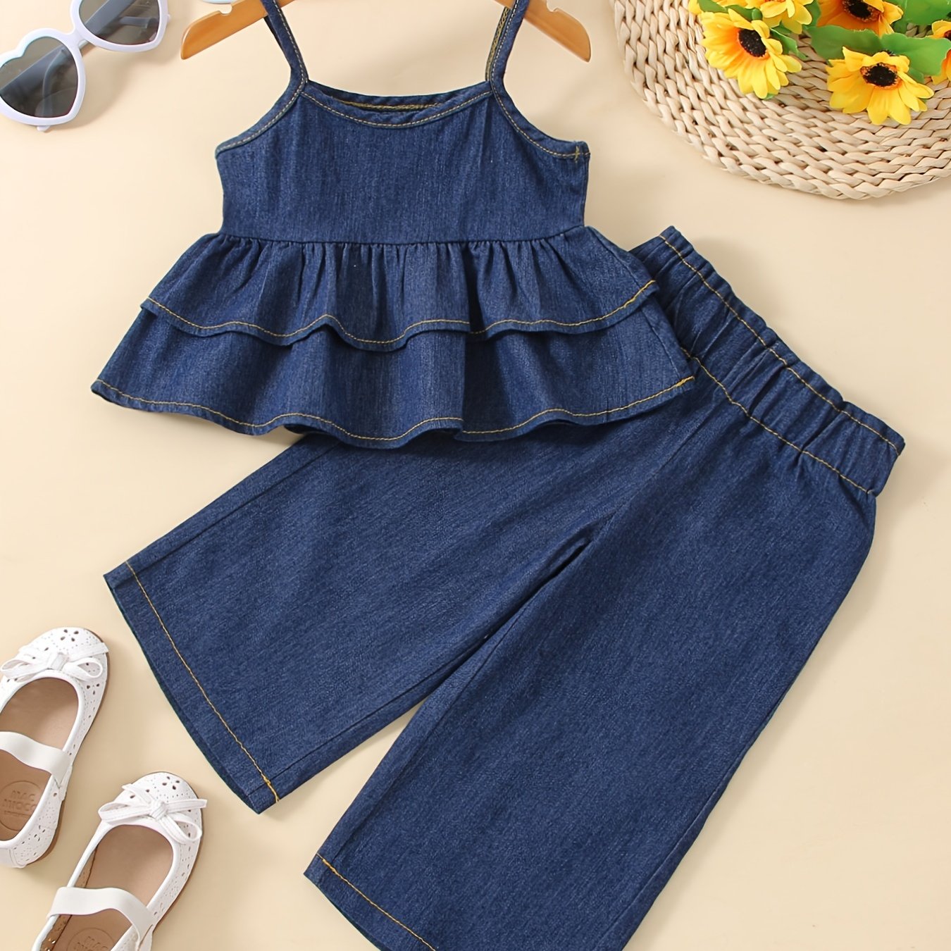 Girls Denim Cami Top and Wide Leg Jeans Set for Summer Outdoor Activities