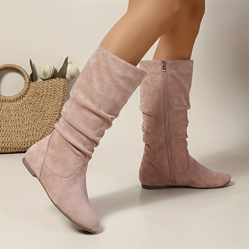 Women's Solid Color Mid-Calf Boots with Zipper Side Pull On Round Toe