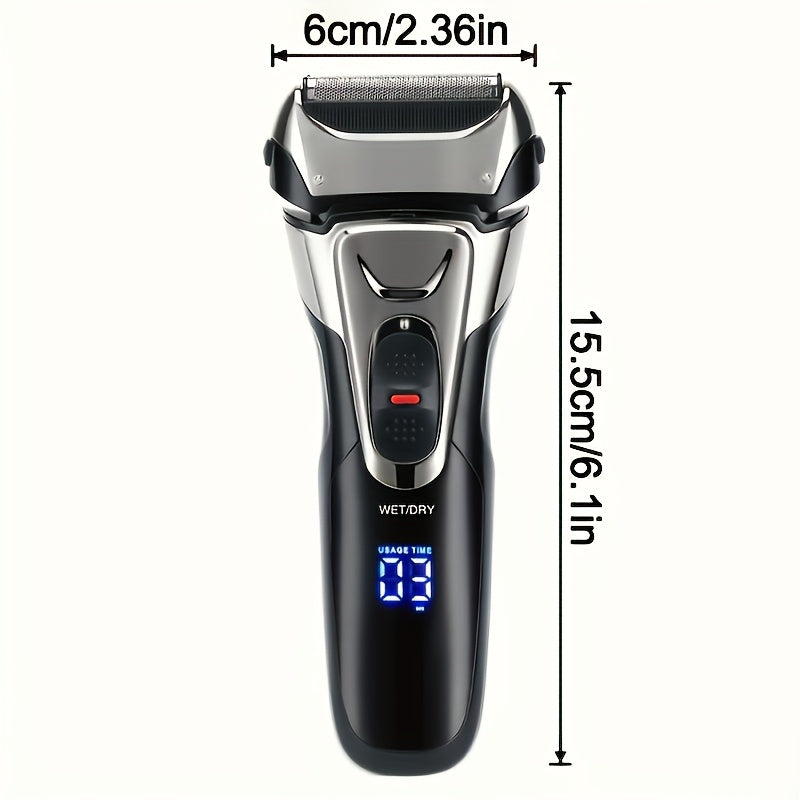 Electric shaver LED display USB rechargeable 3-head stainless steel blades portable for home travel office car