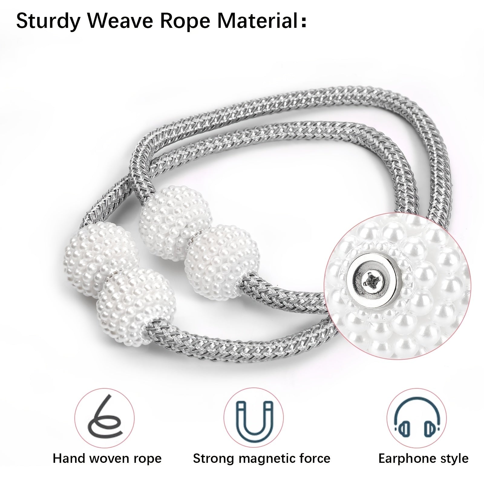 Ikki zamonaviy poliester ipidan yasalgan, marvaridga o'xshash to'plar bilan bezatilgan elegant magnit parda bog'ichlari. Ushbu dekorativ deraza pardalari bilan uy yoki ofis bezatishingizga zamonaviy uslub qo'shing. Zamonaviy dizayn va to'p bezaklari.