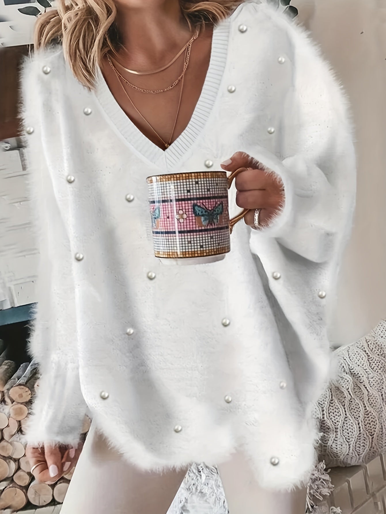 Plus Size Women's Yellow V-Neck Sweater Fleece-Lined Cuffs Geometric Pattern