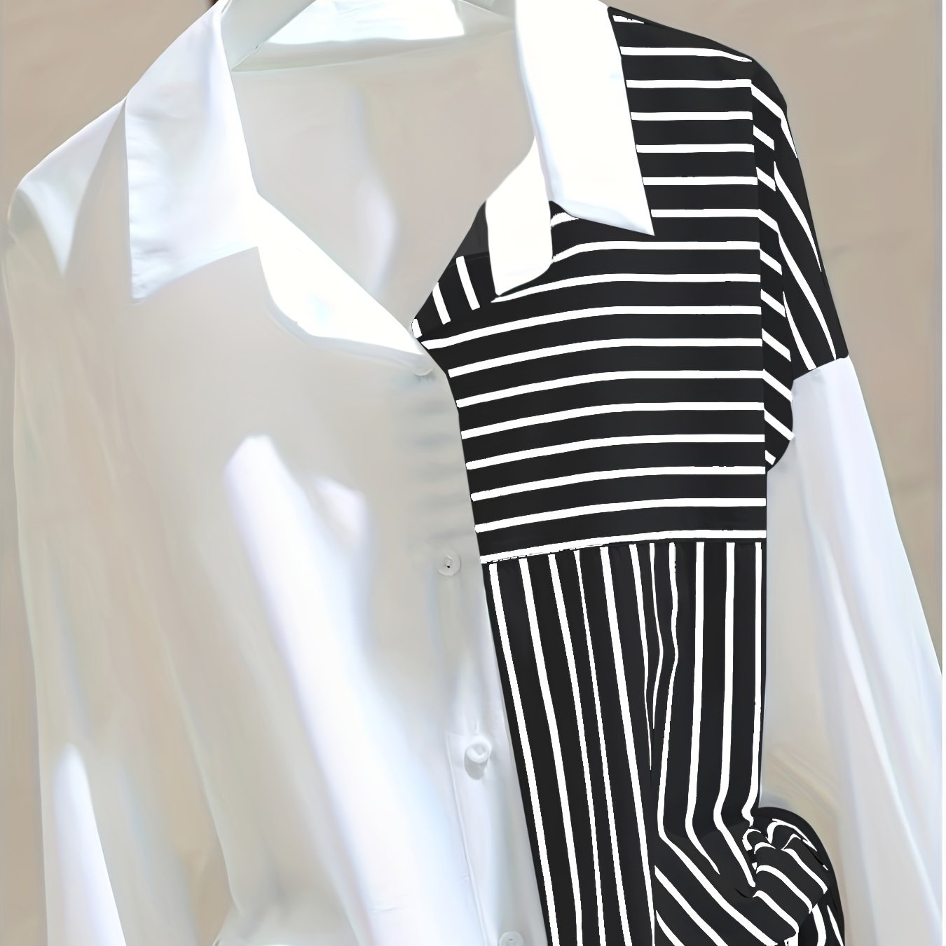 Women's White Loose-Fitting Shirt with Striped Patchwork for Spring and Autumn