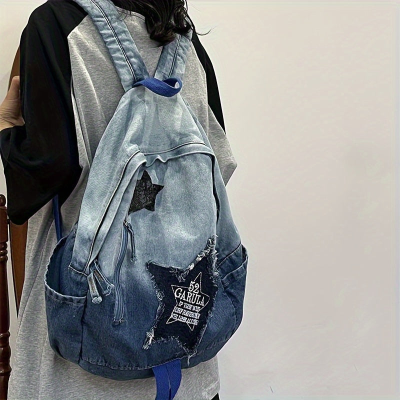 Yuvilgan Gradient Denim Elka Sumkasi, Qizil Yulduz Patch bilan, Ayollar uchun Katta Hajm