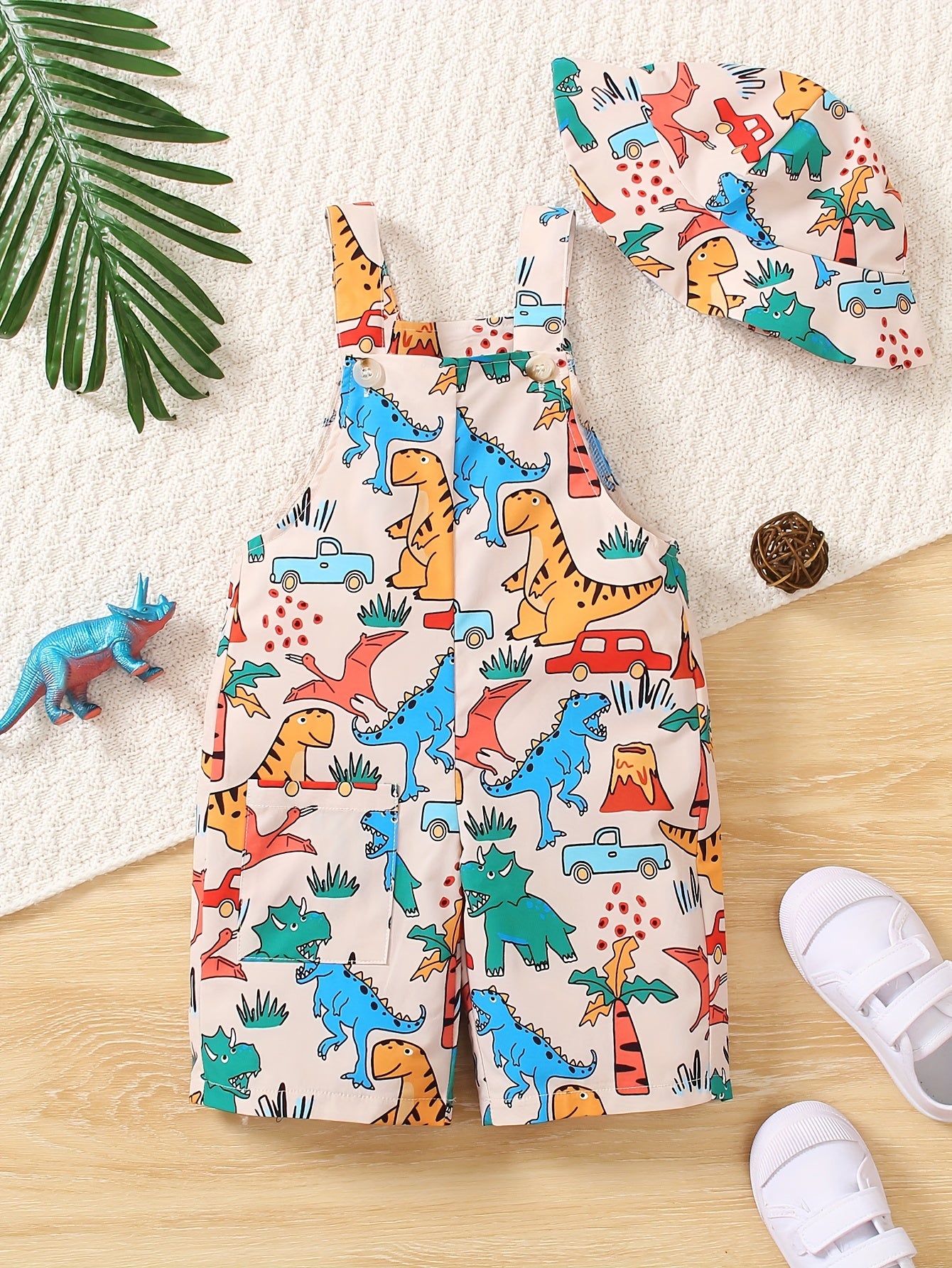Toddler Boys Dinosaur Print Pants with Matching Hat Summer Casual Wear Adjustable Straps